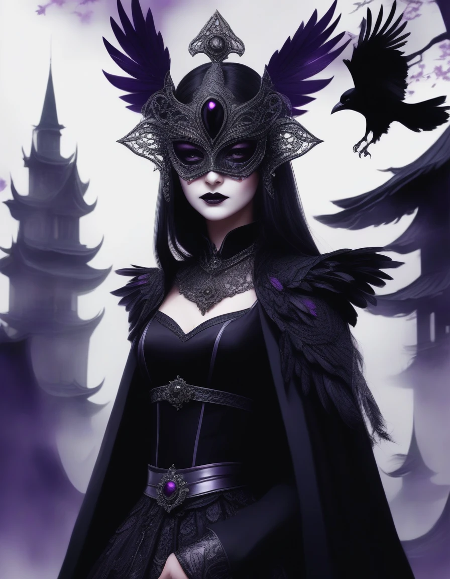 1girl, black choker, black costume, purple and gray details, raven details, long nails, raven mask, simple background, solo, white background, looking at the viewer, (masterpiece), (best quality), (ultra-detailed) ), very aesthetic, illustration, perfect composition, intricate details, mysterious, fantasy,