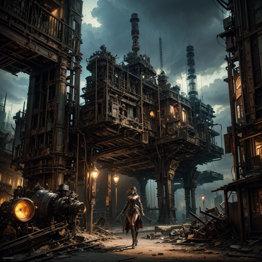 a steampunk woman, intricate machinery, abandoned urban landscape, surreal figures, cinematic lighting, hyper-realistic, 8k, ultra-detailed, masterpiece, cinematic composition, dramatic shadows, vibrant colors, moody atmosphere, photorealistic, advanced rendering, stunning visuals,dynamic pose