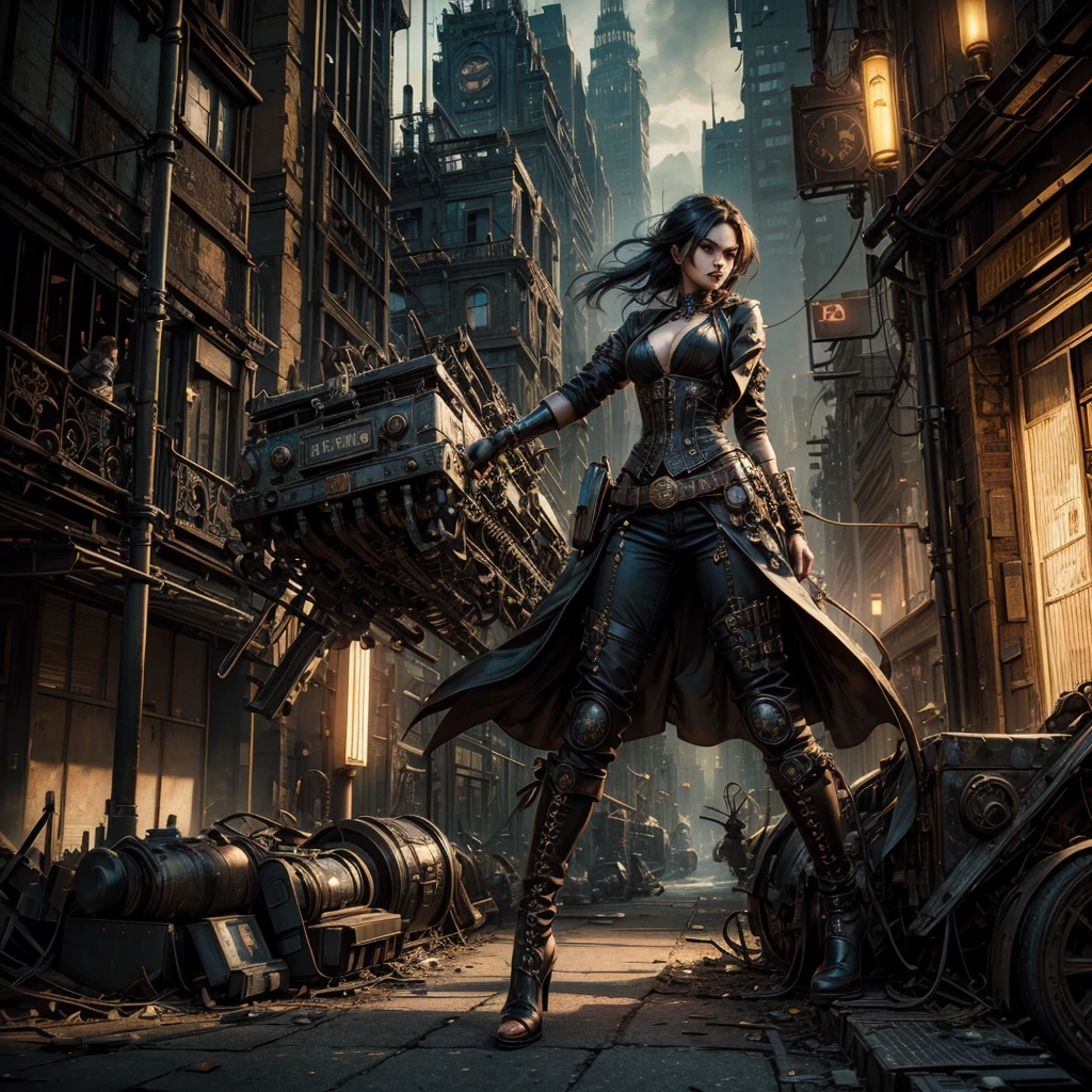a steampunk woman, intricate machinery, abandoned urban landscape, surreal figures, cinematic lighting, hyper-realistic, 8k, ultra-detailed, masterpiece, cinematic composition, dramatic shadows, vibrant colors, moody atmosphere, photorealistic, advanced rendering, stunning visuals,dynamic pose,near the photocamera