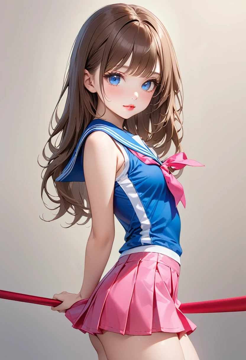 Highest quality, masterpiece, Ultra-high resolution, Realistic:1.2, RAW Photos, Intricate details, Portraiture, Big beautiful blue eyes:1.2, Perfect contours, Girl, break ((full body:1.2, facing viewer, from side:1.2, upturned eyes:1.2)), ((petite, short, tiny girl:1.2)), Brown Hair、Long Hair, (makeup:1.2, parted mouth, full lips:1.3, pink lips:1.2, shiny lips:1.2), ((Top-class rhythmic gymnast、Ribbons are my specialty:1.2)), (Sailor suit、mini skirt:1.2, Student's leather shoes), BREAK ((Rhythmic gymnastics ribbon held horizontally against the hips:1.2、Stand with your back straight、(Standing on one leg:1.2)、(My hips are shaking:1.5)、Extend both arms horizontally、Legs close:1.5)), BREAK ((The background is the school gymnasium, Several students are walking))