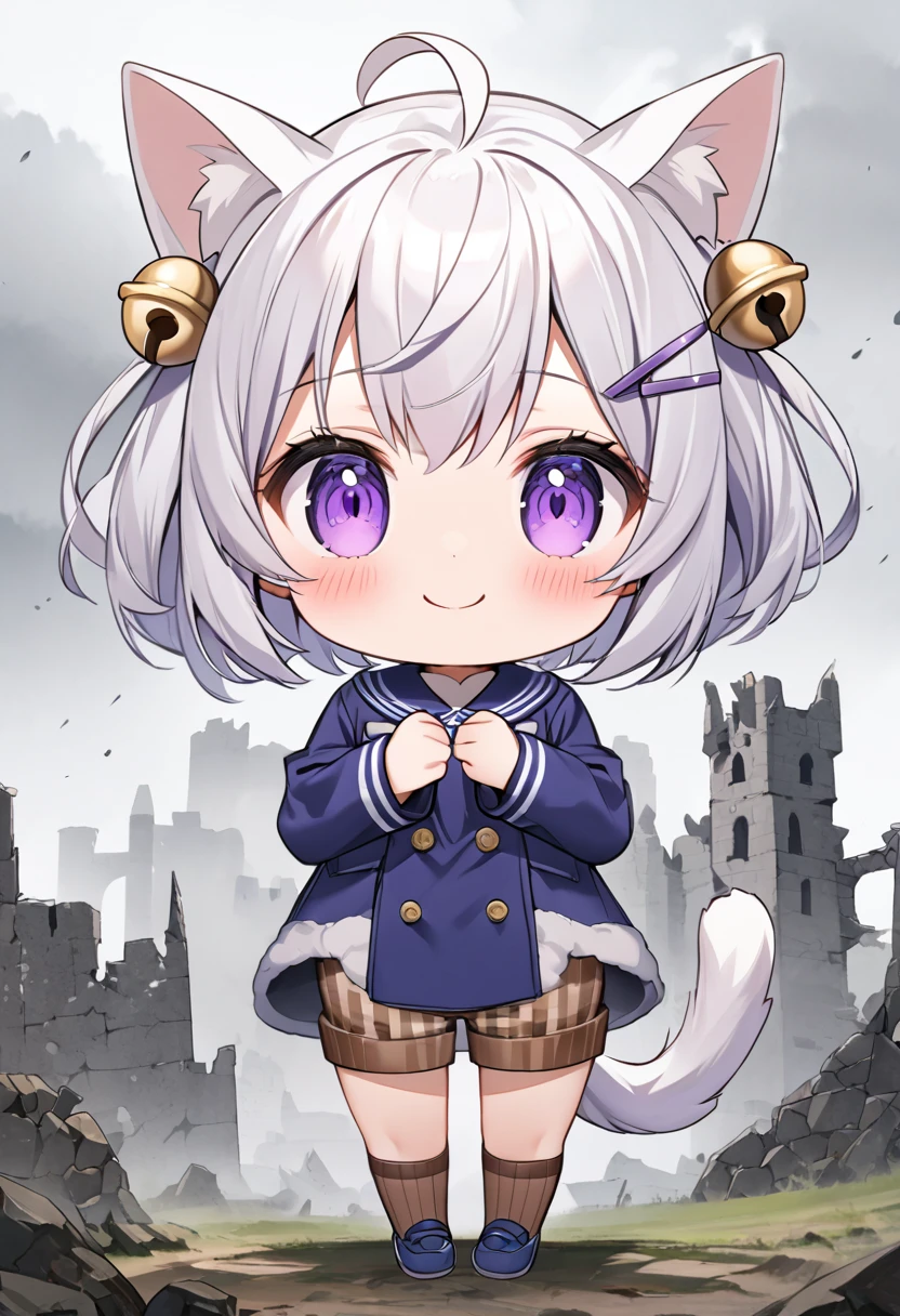 master piece, best quality, ultra-detailed, illustration, 1girl, solo, chibi, (big head), cute pose, front view, looking at viewer, ((full body Close up)), Filiansailor, (purple hairclip:1.4), (hair bell:1.5), white hair, short hair, cat ears, ahoge, purple eyes, blush, smiling, (fluffy tail), ((blue peacoat)), long sleeves, brown striped shorts, brown knee socks, blue shoes, battlefield background, gloomy atmosphere, broken castle, broken walls, broken windows