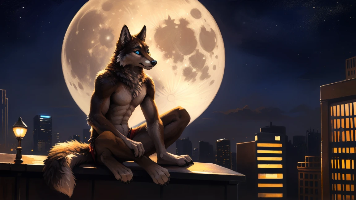 ((Solo)), male people, anthro wolf, (Multi-colored fur, White-brown:1.3), ((Wolf face, Big eyes, White eyelids, Blue pupil, Slim:1.2) (Tough, Calm expression:1.2)), (Height 2.1 meters,Tail length 1.5m), Abs, Slim, pinging, (Correct anatomy), (Contour bone:1.2), The upper body is naked, (detailed outfits), a long large tail，Feet，(Realistic fur, Detailed fur texture, labeled:1.3)), (Natural lighting), Photorealistic, Hyperrealistic, ultradetailed, by Kenket，In the modern city，Roof，the night，Sit alone，Look at the full moon，It was dark，Starry
