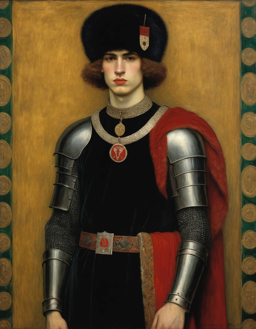 {{Masterpiece, best quality, full oil painting, by Gustav Klimt, by Franz von Stuck, muted colors}}, the composition is: (((a very young male knight, sullen, facing viewer. He is wearing a fur hat. He is wearing a black Mughal caftan with Praetorian elements, sashes, medals, a red diamond symbol pendant)))