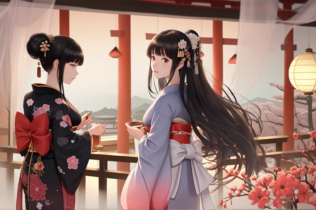 One girl is looking backwards at the moon, Girl with long black hair hanging on the floor, 11 kimonos are 10 double kimonos worn by noblewomen in the Heian period., Far side of the moon, Girl in the back looking at a very beautiful moon, (On the veranda in the Japan style:1.2), Set the moon dumplings aside, A vase with soot is placed nearby, Colorful, ultra-detailliert, high-level image quality, [[[[[multiple arms]]]]]