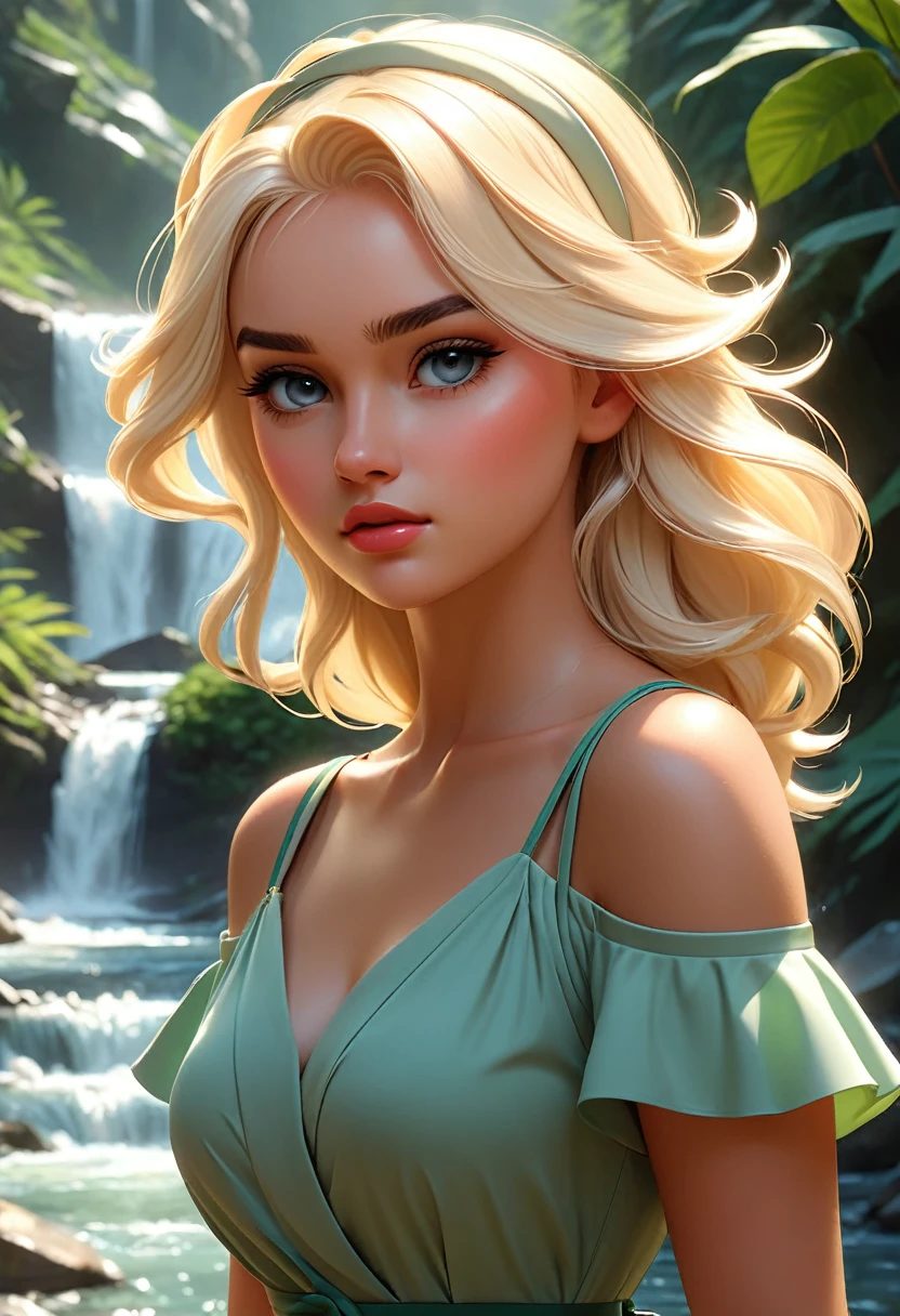 Thirst trap beautiful women. green sun dress, clean girl aesthetic. Her hair iblonde super strait and sleek, White hairband. official art is an award-winning digital masterpiece in 4K Ultra HD, featuring extreme detail and intricate realism. It combines the artistry of Wlop and Artgerm in a stunning 2D vector illustration. The background is a tranquil waterfall. Masiela Lusha