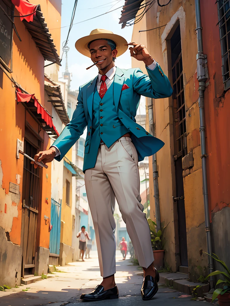 Arcos da Lapa (Rio de Janeiro), Zé Pilintra, well dressed in a suit, Panama hat and white shoes, with red details, smiling with a cigarette in his mouth, dancing samba, happy high quality.