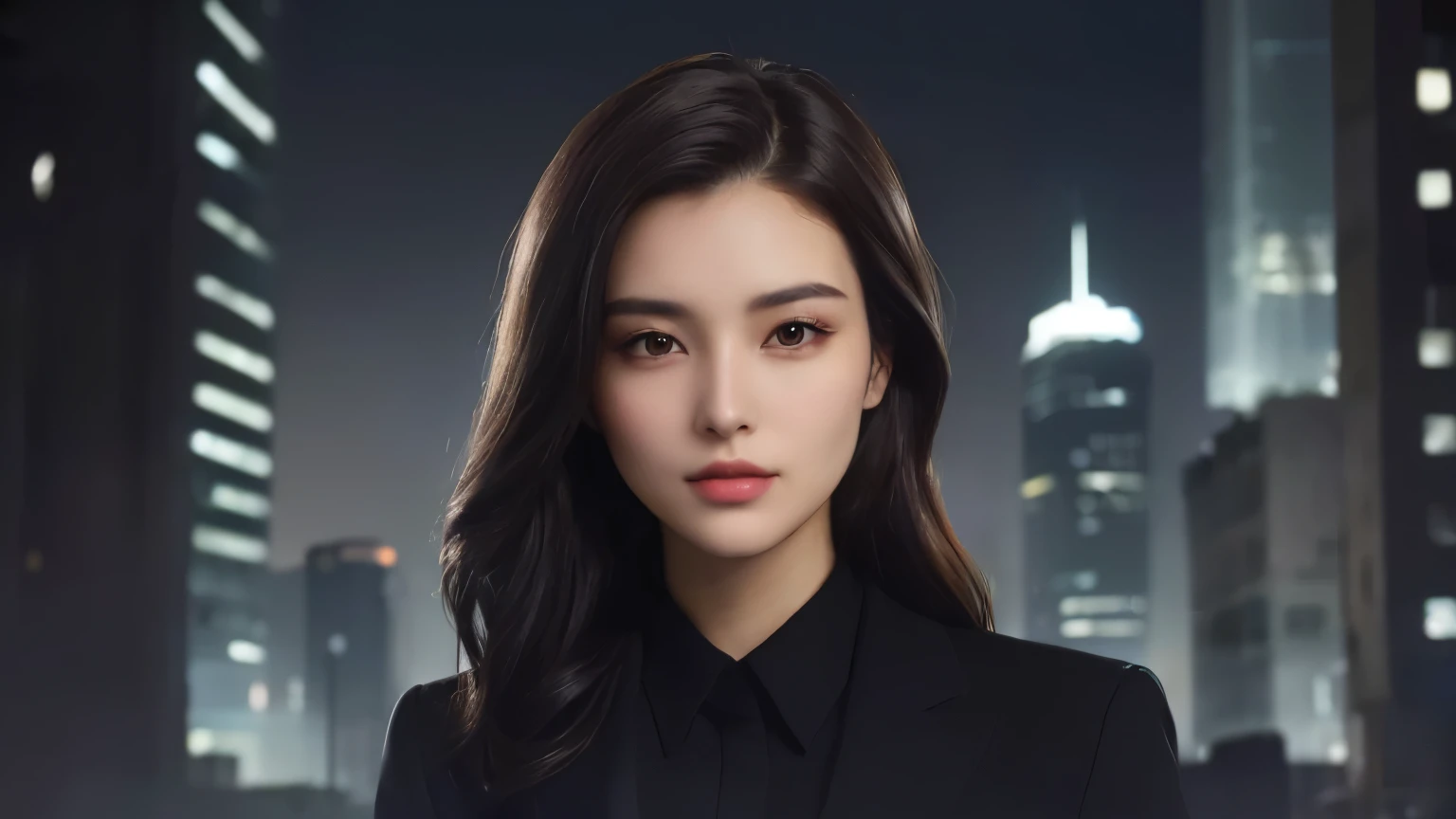 A beautiful woman. Dark brown hair. She is twenty-five years old. She is looking at the camera with a serious expression. She is wearing a black business suit. In the space behind her, there is a warhole that shines pale and white. She is in the city at night.