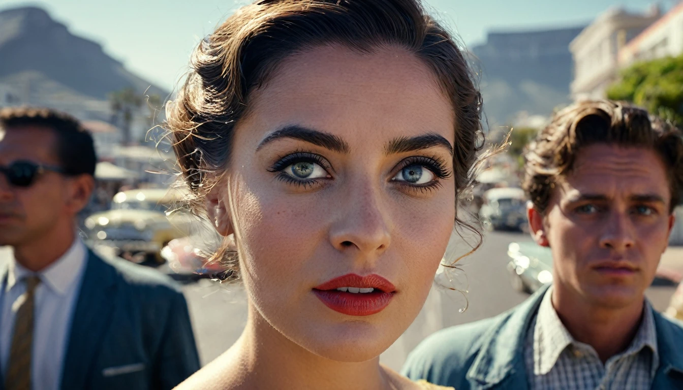 Imagem ampla de Pessoas andando nas ruas (((cape Town 1956))); shallow depth of field, highly detailed, high budget Hollywood film, bokeh, cinemascope, epic, gorgeous, film grain; "(Best Quality,High resolution); (bright and intense colors:1.1),(realist:1.1) graphic art style,Frightening,eye sockets with shiny golden eyes,detailed wrinkles, Dark circles under the eyes."