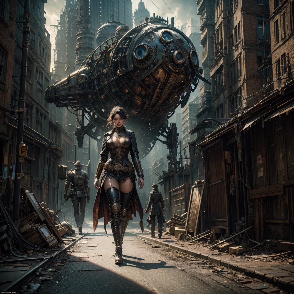 a steampunk woman, intricate machinery, abandoned urban landscape, surreal figures, cinematic lighting, hyper-realistic, 8k, ultra-detailed, masterpiece, cinematic composition, dramatic shadows, vibrant colors, moody atmosphere, photorealistic, advanced rendering, stunning visuals,dynamic pose,near the  photocamera