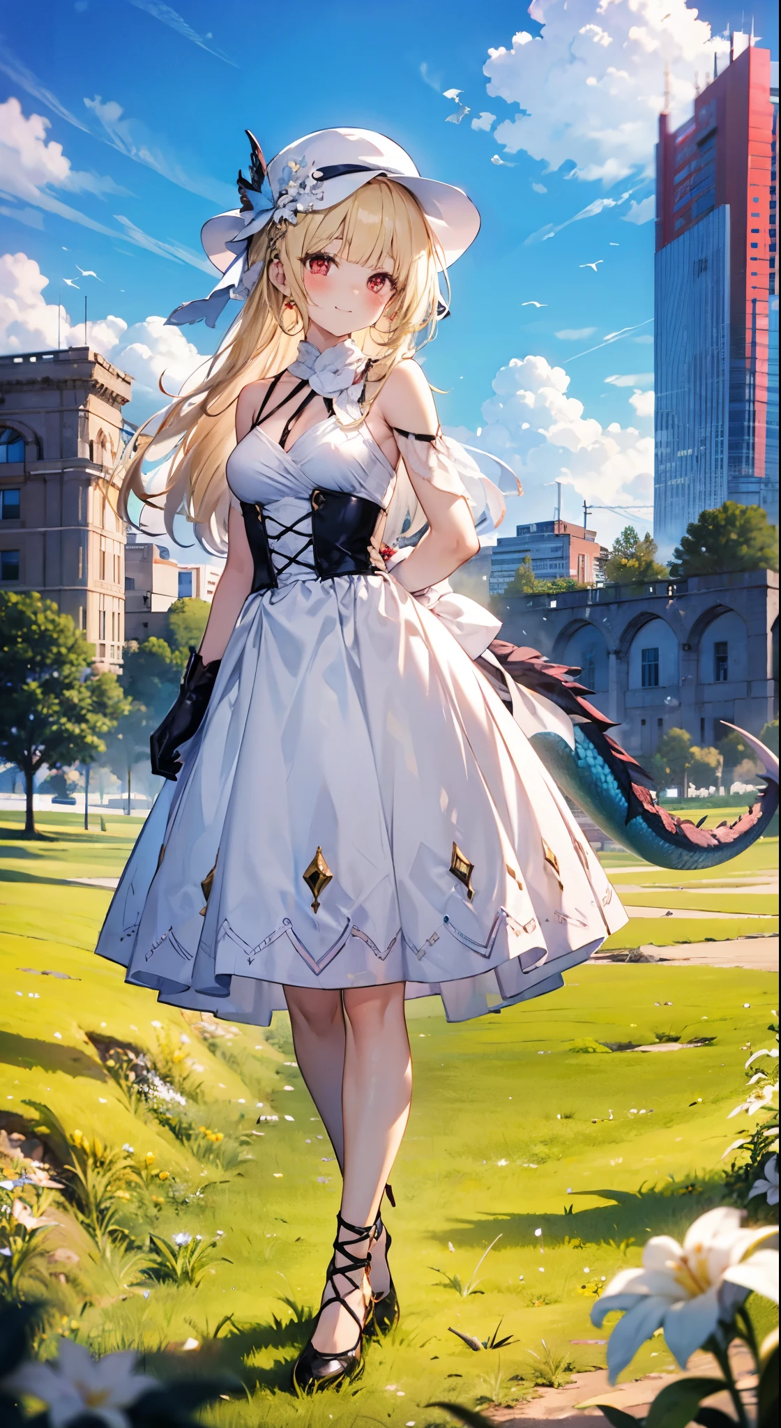 Head to Toe,whole body,Overall image, ,A young woman with long light blonde hair standing upright and facing forward。、I'm wearing a hat。, Girl with her hands behind her back, alone, Dragon Red Eyes, smile, Grassland background, blush,  bangs, look forward to,Wearing lace-up shoes,Wearing gloves,The tail is slightly visible