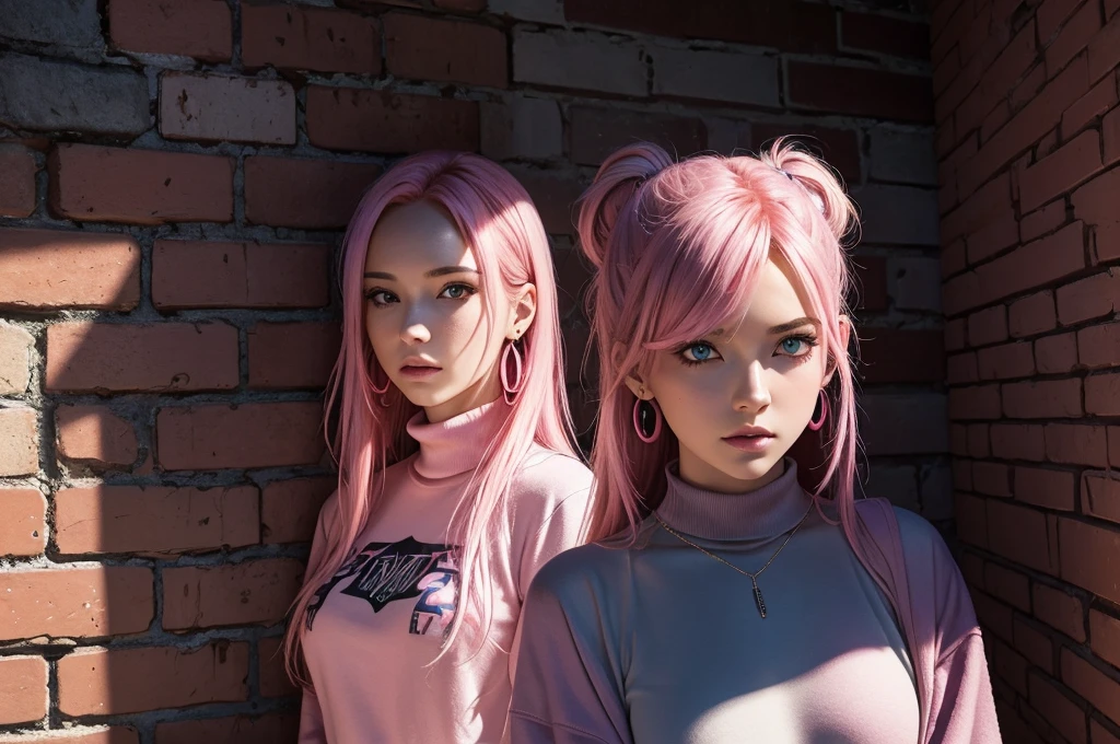 (masterpiece, best quality, 2adult girl, duo, intricate details, chromatic aberration), realistic, ((medium breath)),long hair, pink hair, red head ornament, pink highlights, hair over one eye,purple eyes, earrings, sharp eyes, choker, neon shirt, open jacket, crop top, (symmetry eyes),(perfect symmetrical body),against wall, brick wall, graffiti, dim lighting, alley ,look at viewer,  (((kissing each other)))