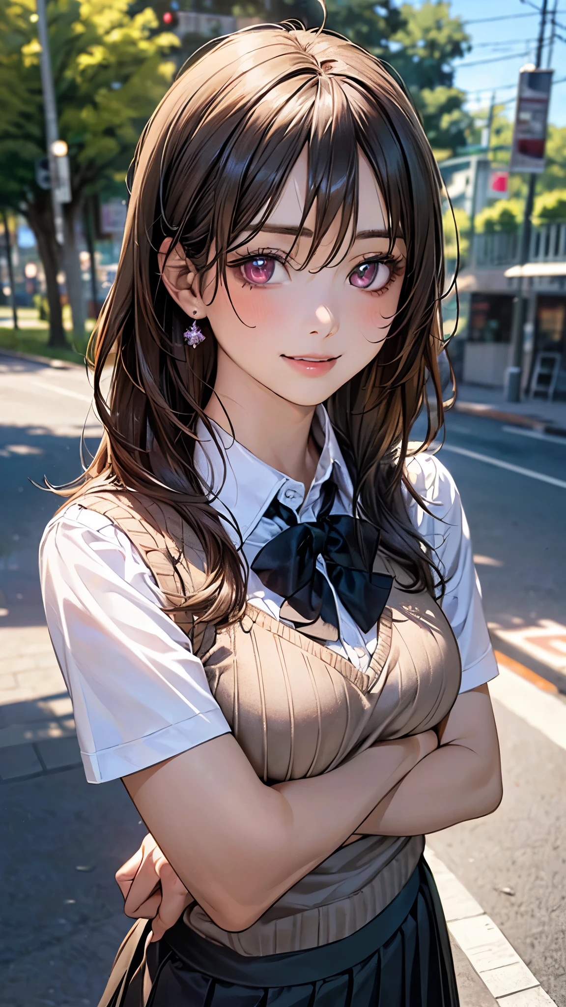(masterpiece:1.2, top-quality), (realistic, photorealistic:1.4), beautiful illustration, (natural side lighting, movie lighting), depth of fields,
looking at viewer, upper body, face close-up, front view, 1 girl, , (perfect anatomy, anatomically correct, super detailed skin), cute and symmetrical face, perfect face, perfect eyes,
(long hair, chignon:1.5, dark brown hair), hair between eyes, maroon eyes, big eyes, long eye lasher, (medium breasts, thigh), perfect body, shiny skin,
beautiful detailed hair, beautiful detailed face, beautiful detailed eyes, beautiful clavicle, beautiful body, beautiful chest, beautiful thigh, beautiful legs, beautiful fingers,
((detailed cloth texture, break short sleeve white collared shirt, break light brown knit vest, break black pleated skirt, break dark green bow tie)), break white hair ribbon, break
(beautiful scenery), (tree-lined street:1.2), walking, (crossed arms), (lovely smile, parted lips),