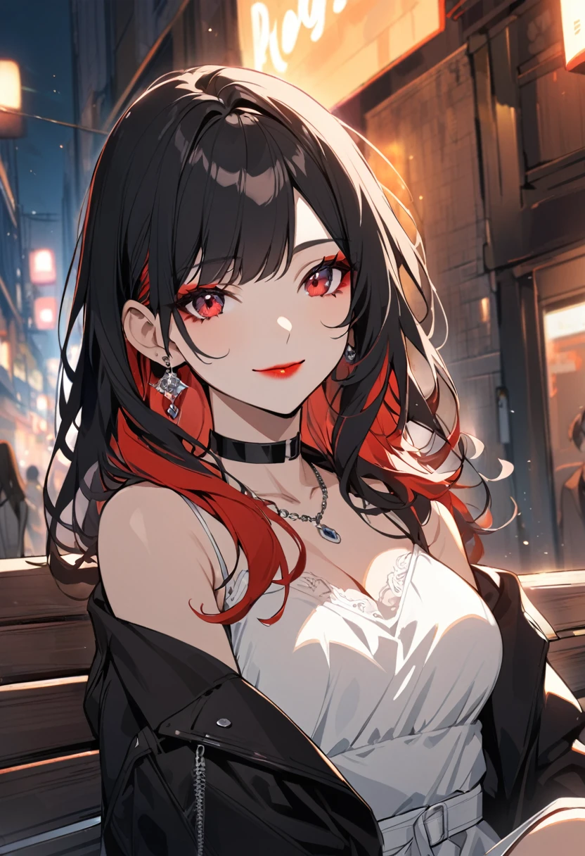 1girl, alone, long hair, breasts, looking at viewer, smile, bangs, shirt, black hair, red eyes, cleavage, bare shoulders, jewelry, medium breasts, closed mouth, jacket, white shirt, upper body, hair redhead, multicolored hair, earrings, outdoors, sleeveless, solo focus, choker, necklace, off the shoulder, white dress, two-tone hair, black jacket, makeup, night, black choker, red lips, outdoors sitting on bench,
