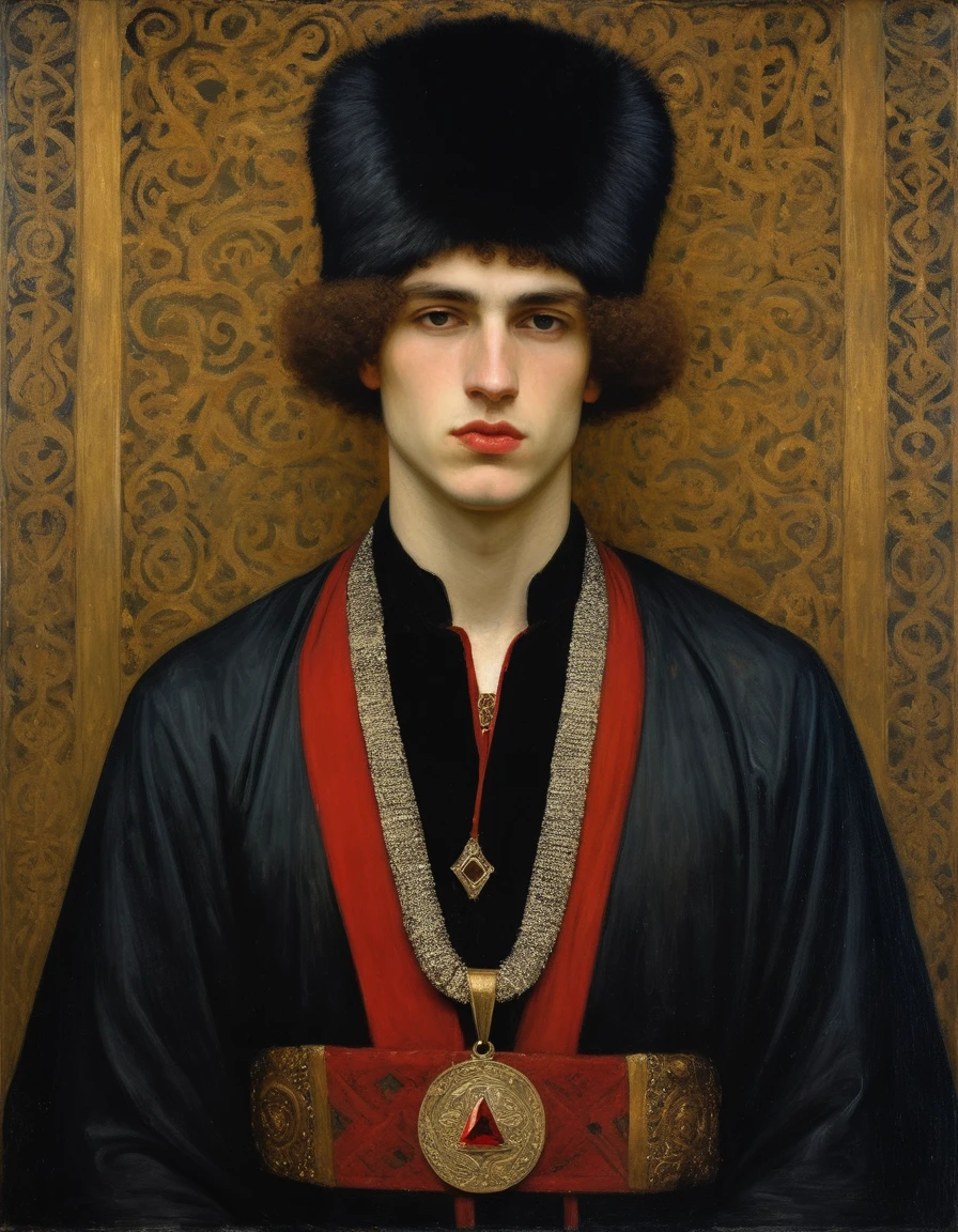 {{Masterpiece, best quality, full oil painting, by Gustav Klimt, by Franz von Stuck, muted colors}}, the composition is: (((a very young male nobleman, sullen, facing viewer. He is wearing a fur hat. He is wearing a black Mughal caftan with Praetorian elements, sashes, medals, a red diamond symbol pendant)))