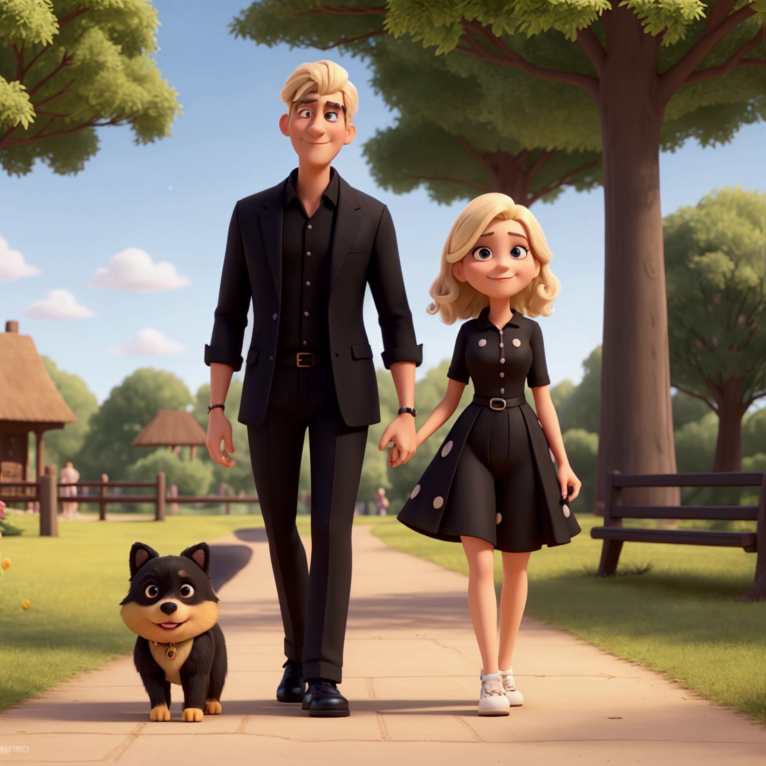 A woman with medium blond hair and black eyes, a tall man with black degradê cut hair. They wears beautiful summer cloths and shoes. Happy, Walking in a beautiful park with a little black Pomeranian dog with a white belly in a park. Disney/Pixar 3d.
