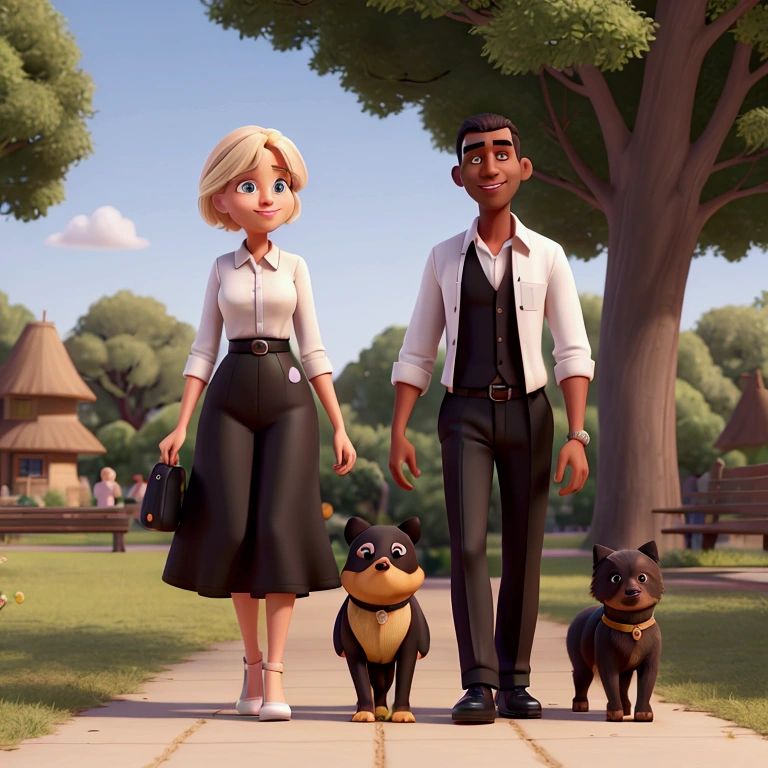 A  woman with medium blond hair and black eyes, a tall man with black degradê cut hair. They wears beautiful summer cloths and shoes. Happy, Walking in a beautiful park with a little black Pomeranian dog with a white belly in a park. Disney/Pixar 3d.