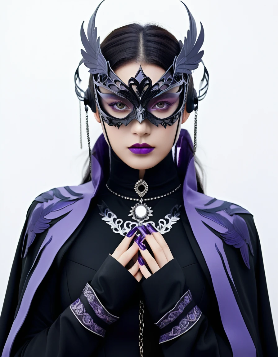 1girl, black choker, black costume, purple and gray details, raven details, long nails, raven mask, simple background, solo, white background, looking at the viewer, (masterpiece), (best quality), (ultra-detailed) ), very aesthetic, illustration, perfect composition, intricate details, mysterious, fantasy,