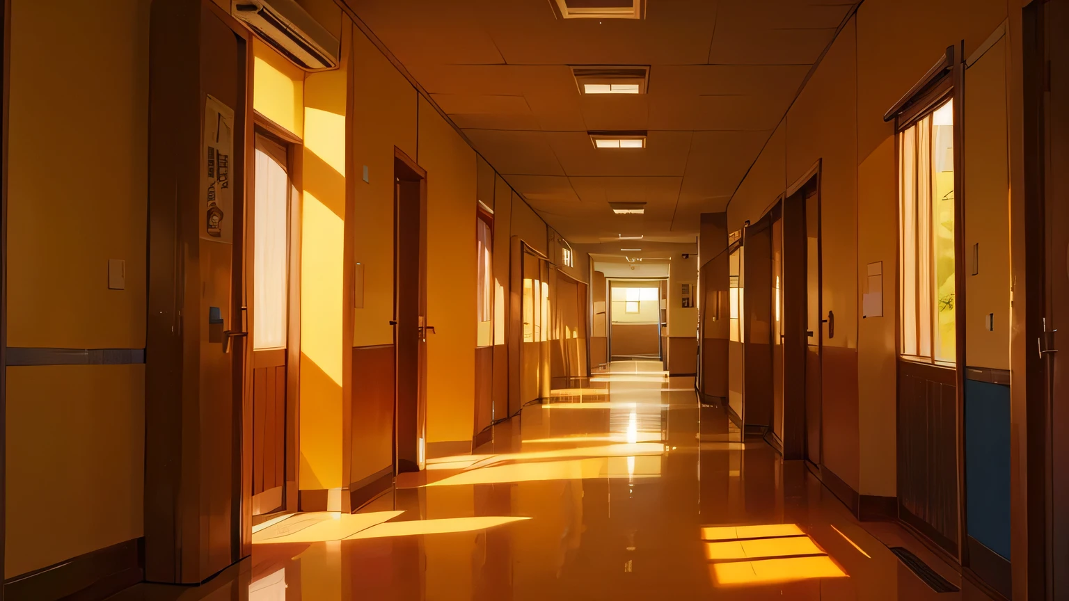 School corridor、sunset、誰もいないSchool corridor