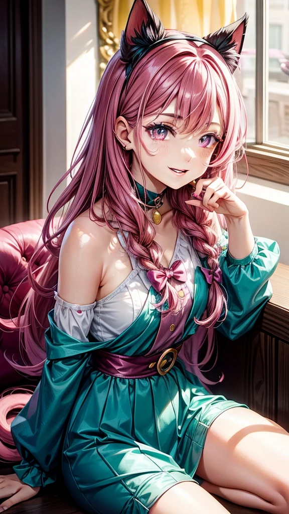 Magenta pink hair, brown eyes, older woman, hair bows, cat ears, long hair, smiling face, teal and gold outfit, pretty background, sexy, fashion
