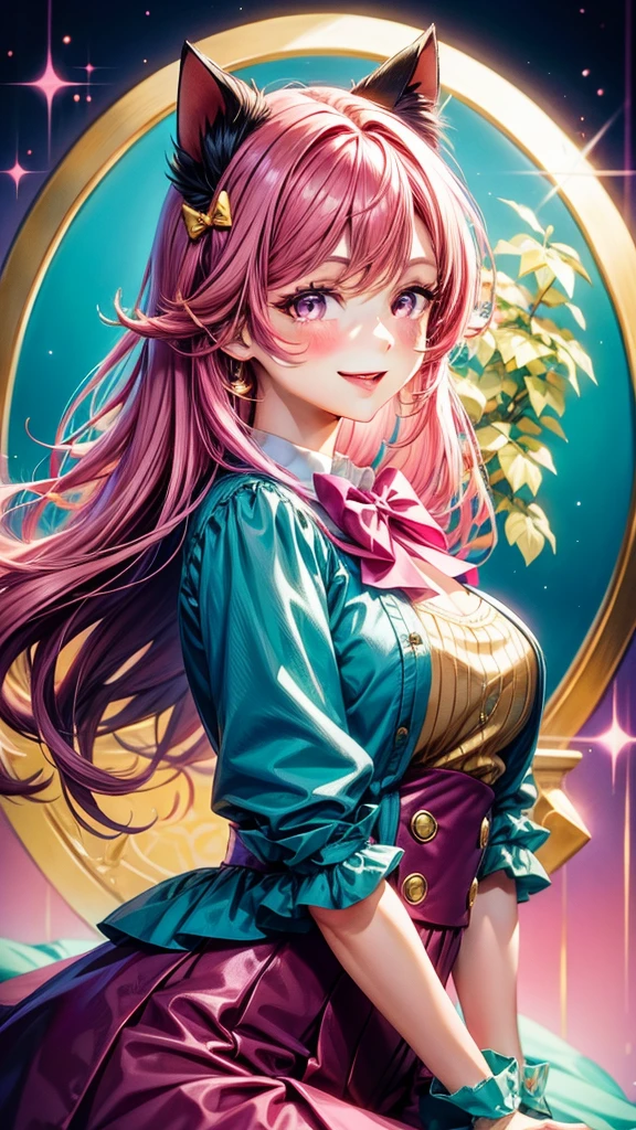 Magenta pink hair, brown eyes, older woman, hair bows, cat ears, long hair, smiling face, teal and gold outfit, pretty background, sexy, fashion