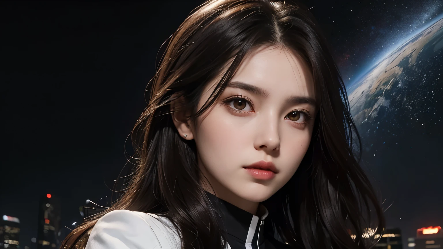 A beautiful woman. Dark brown hair. She is twenty-five years old. She is looking at the camera with a serious expression. She is wearing a black business suit. In the space behind her, there is a warhole that shines pale and white. She is in the city at night.