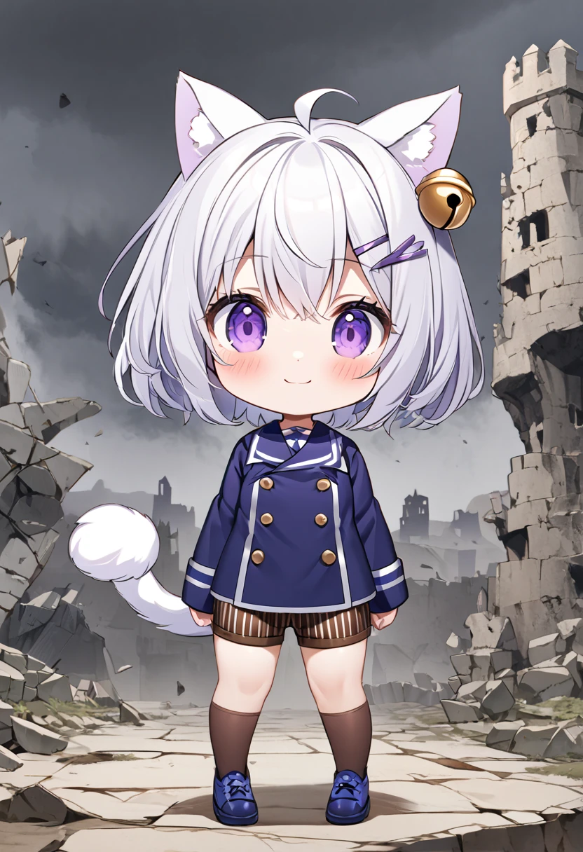 master piece, best quality, ultra-detailed, illustration, 1girl, solo, chibi, (big head), cute pose, front view, looking at viewer, ((full body Close up)), Filiansailor, (purple hairclip:1.4), (hair bell:1.5), white hair, short hair, cat ears, ahoge, purple eyes, blush, smiling, (fluffy tail), ((blue peacoat)), long sleeves, brown striped shorts, brown knee socks, blue shoes, battlefield background, gloomy atmosphere, broken castle, broken walls, broken windows