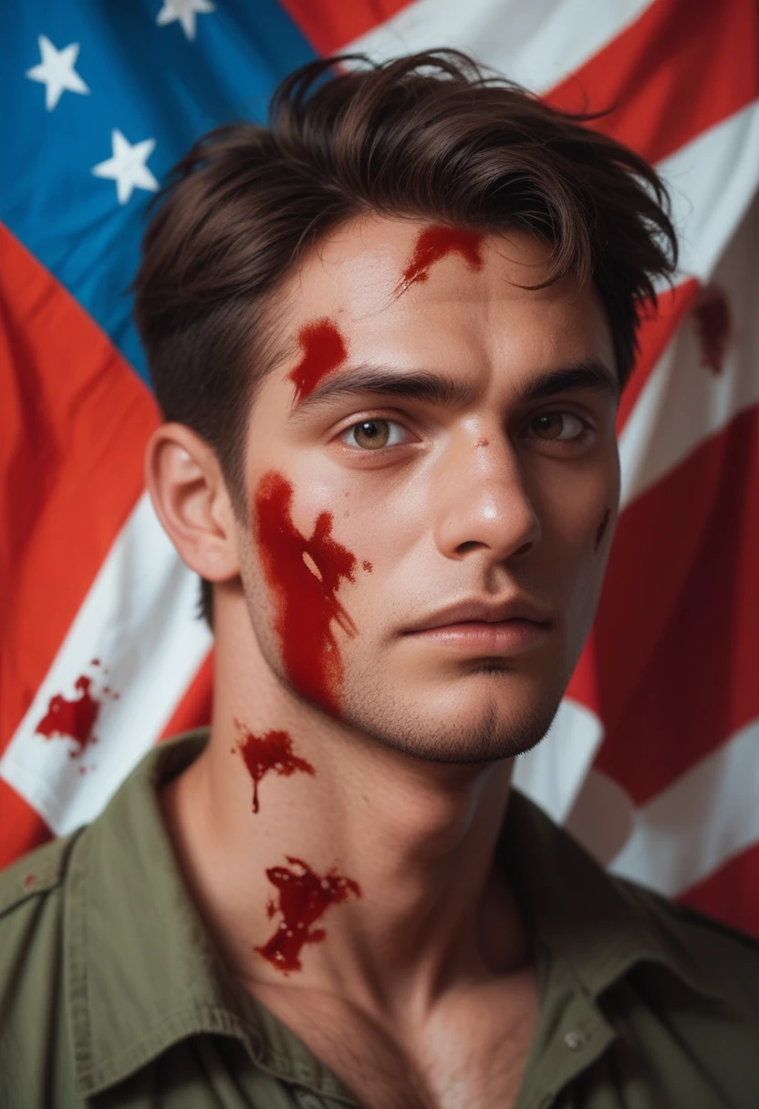 A boy fold Bangladeshi flag on his eyes with red bloody background and wearing a bangladeshi jearsy.