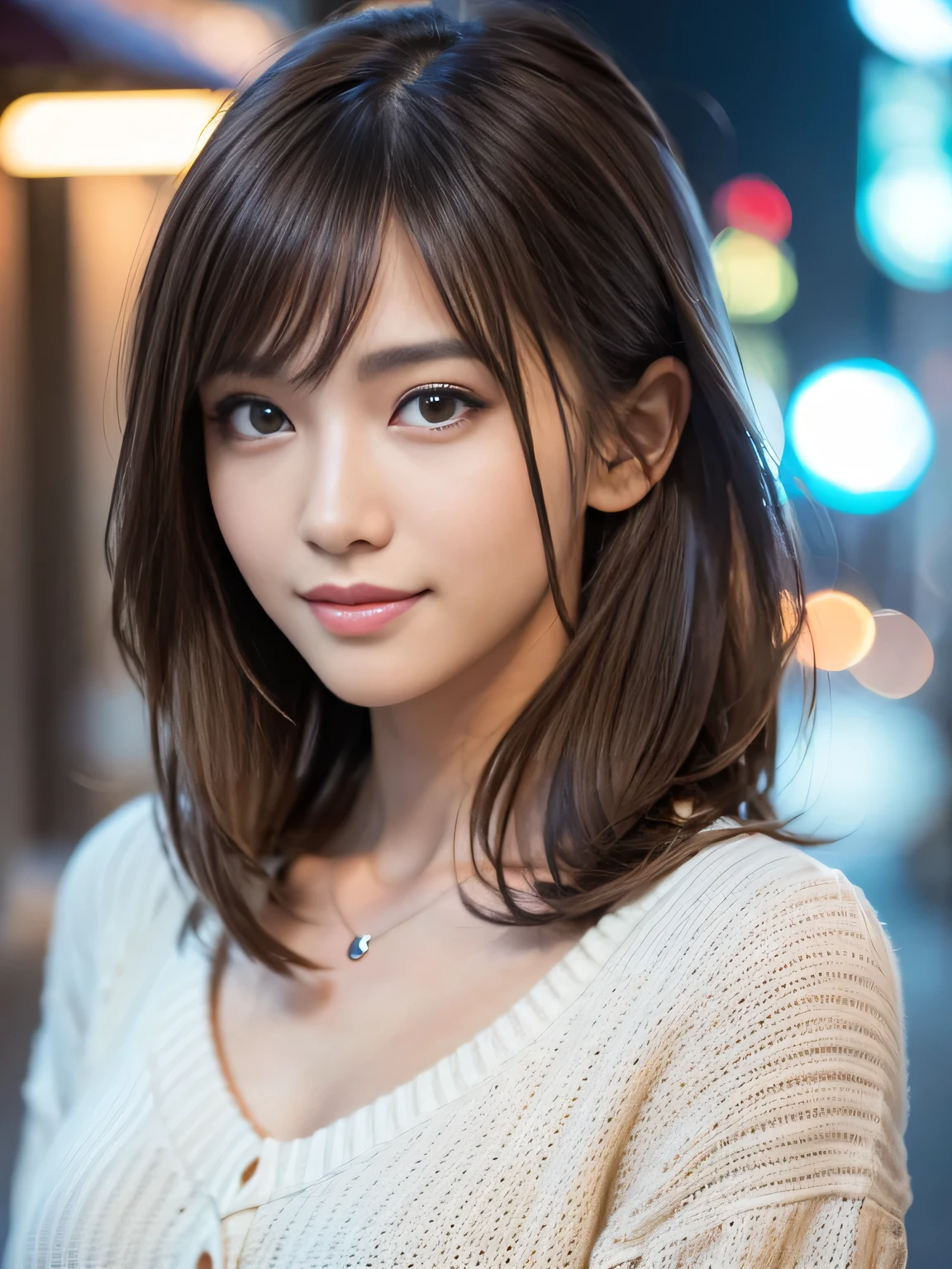 masterpiece, best quality, ultra-detailed, intricately detailed hyperdetailed, realistic, sharp features, highly detailed, sharp focus, Realistic, Photorealistic:1.3, perfect face, perfect symmetrically eyes, perfect full lips, hyper detailed, hyper realistic, high resolution, Fashion Model, Attractive Japanese Idols, (19 years old:1.3), Slender, Stylish, model poses, Beautiful Face, light brown hair, messy hair, asymmetrical bangs, (seductive smile:1.2), (looking at viewer), cinematic lighting, downtown at night, White knit