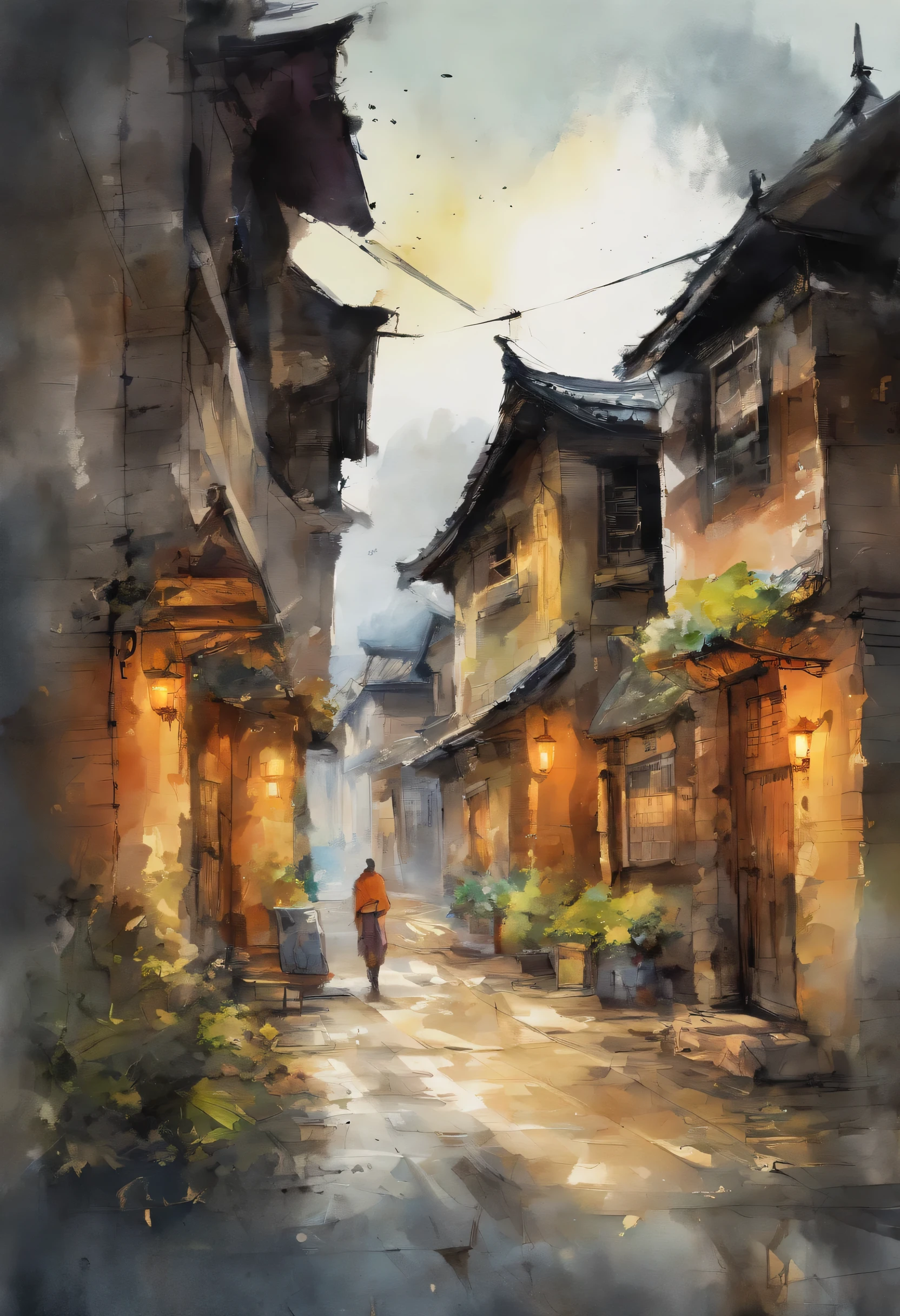 A street painting, A watercolor painting, author:Yang Borun, cg Social Hotspot, Modern European Ink Painting, oil on canvas 4k, old village, Paint smoothly with oil paint