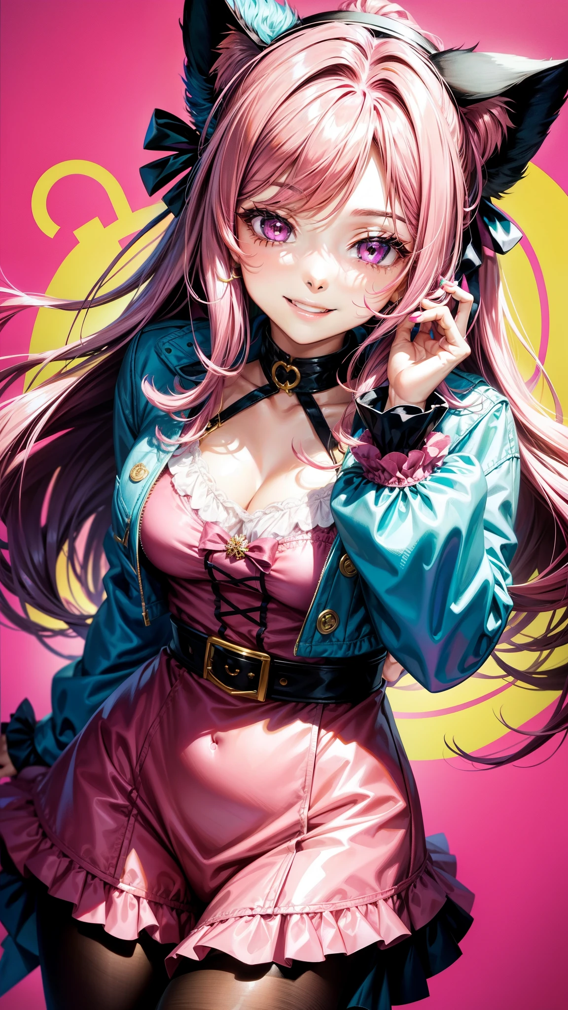 Magenta pink hair, brown eyes, older woman, hair bows, cat ears, long hair, smiling face, teal and gold outfit, pretty background, sexy, fashion