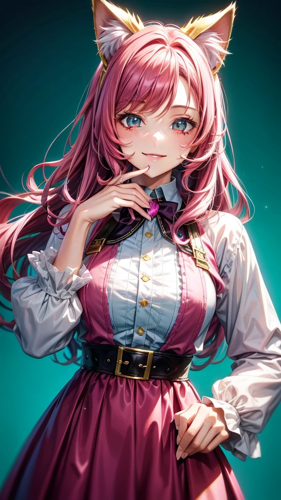 Magenta pink hair, brown eyes, older woman, hair bows, cat ears, long hair, smiling face, teal and gold outfit, pretty background, sexy, fashion