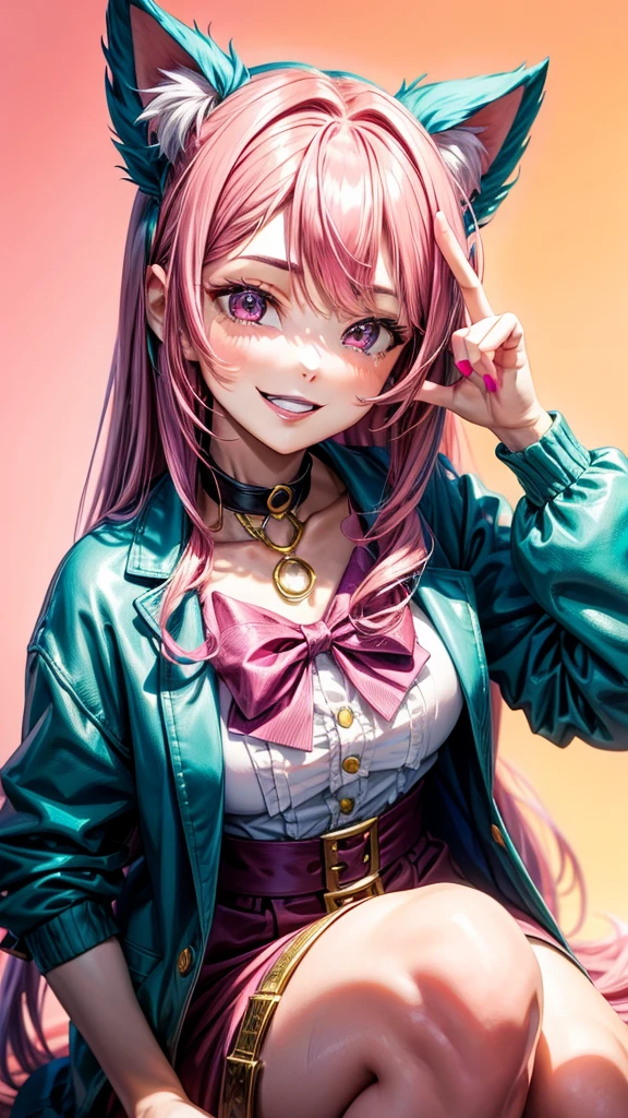 Magenta pink hair, brown eyes, older woman, hair bows, cat ears, long hair, smiling face, teal and gold outfit, pretty background, sexy, fashion