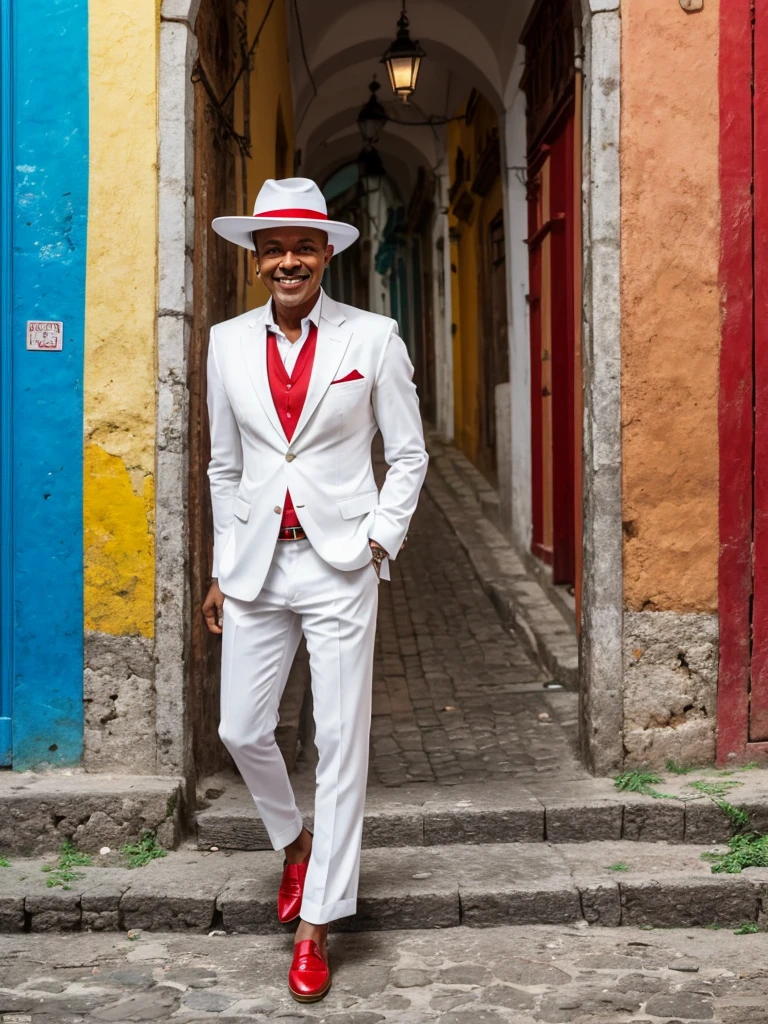 Arcos da Lapa (Rio de Janeiro), Zé Pilintra, well dressed in a suit, Panama hat and white shoes, with red details, smiling with a cigarette in his mouth, dancing samba, happy high quality.