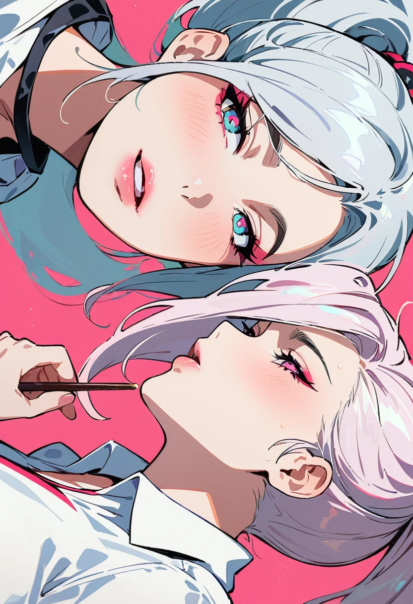 (masterpiece, best quality:1.4), 1 girl, 独奏, Anime style, Pink pupils, Blurred eyes, Holding pocky, Pink lower lip, Cyberpunk style makeup, Silver asymmetrical hairstyle, Long bangs on one side, High ponytail royal sister, sideways, Huge breasts, shirt, Pink background.