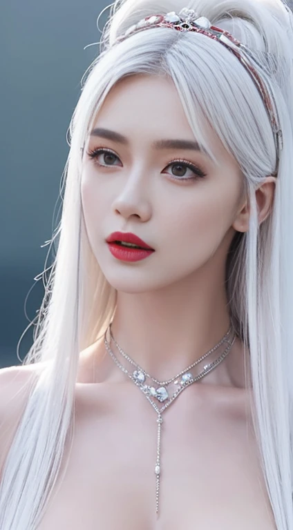 shirtless, naked, naked, Big tits, sparkling white hair, long hair, red lips, hair accessories, accessories on the forehead, accessories on the neck, pure white skin, tall body, best quality, ultra quality, standing on the hill, bright sky, bright light, look far away, looking at the audience,pose sex, right hand holds the breast