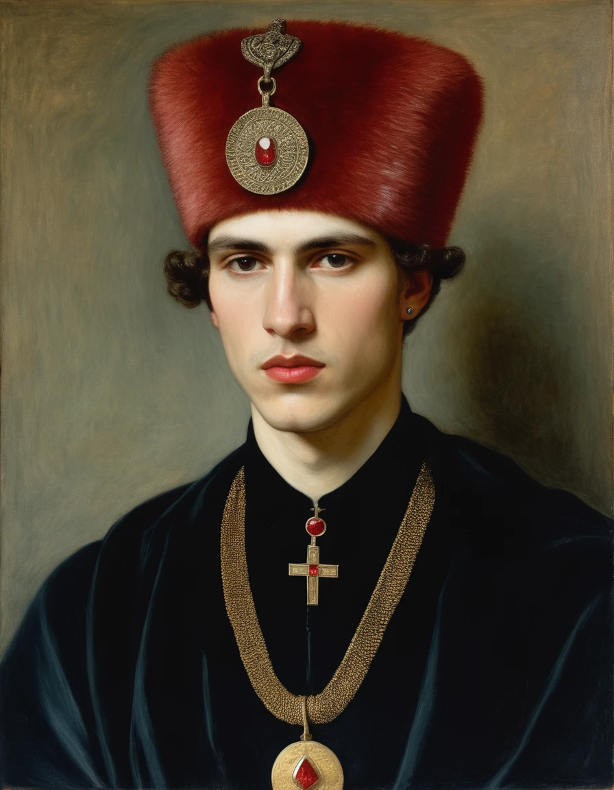 {{Masterpiece, best quality, full oil painting, by Franz von Stuck, muted colors}}, the composition is: (((a very young male nobleman, sullen, facing viewer. He is wearing a fur hat. He is wearing a black Mughal caftan with Praetorian elements, sashes, medals, a red diamond symbol pendant)))