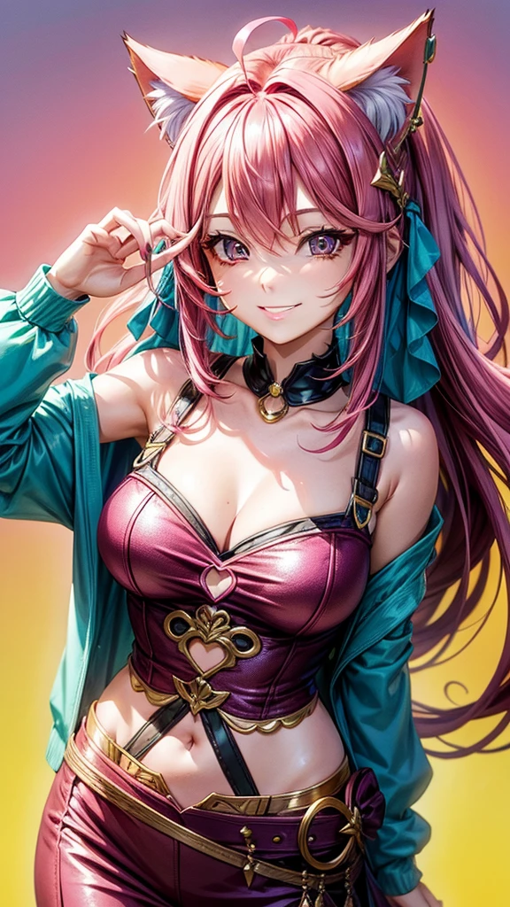 Magenta pink hair, brown eyes, older woman, hair ornaments, cat ears, long hair, smiling face, teal and gold outfit, pretty background, sexy, fashion