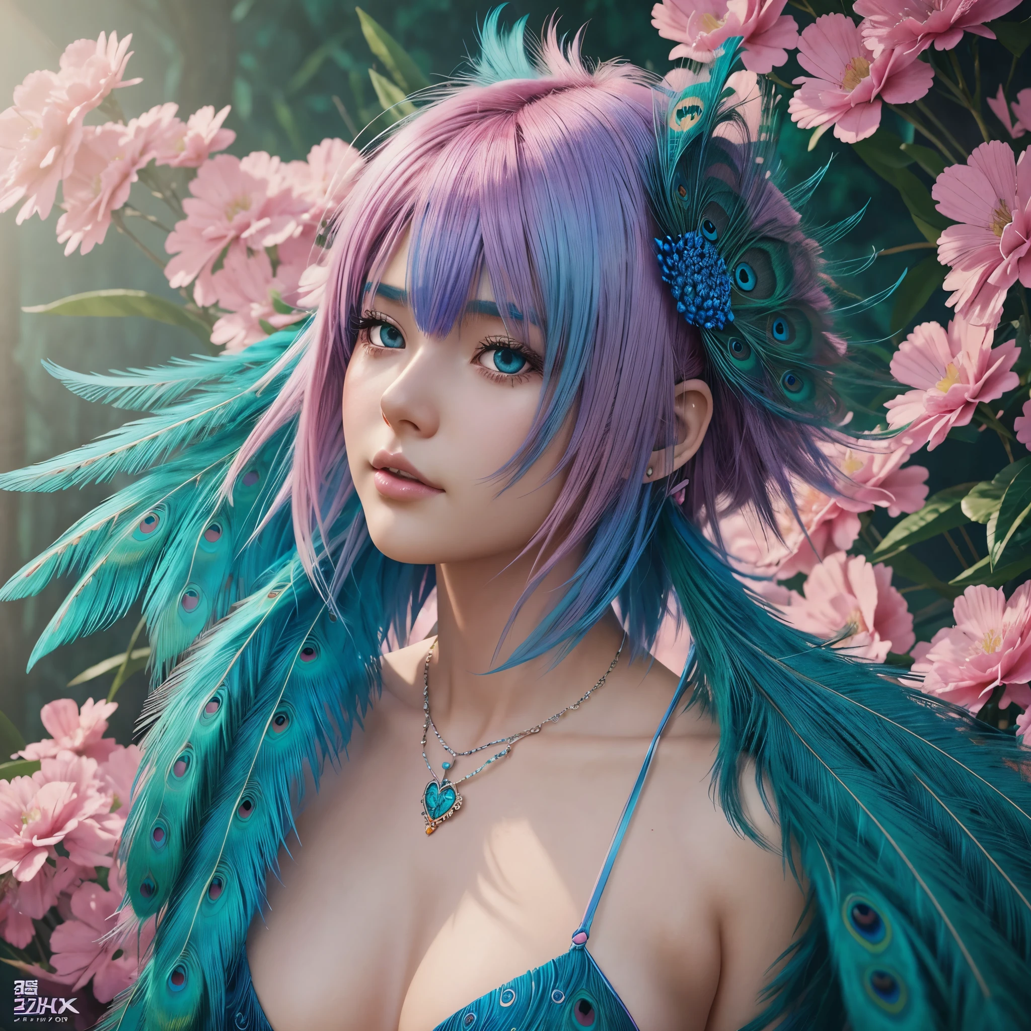 Girl with blue-pink hair and peacock feathers, inspired by Nari Hiko-kun, CGSOCIETY, 🌺 anime style. 8K, anime style 3D, popular on CGSTATION, 8K high quality detail art, Guvez style artwork, fantasy art style, realistic anime 3D style, anime inspiration, anime style mixed with Fujifilm