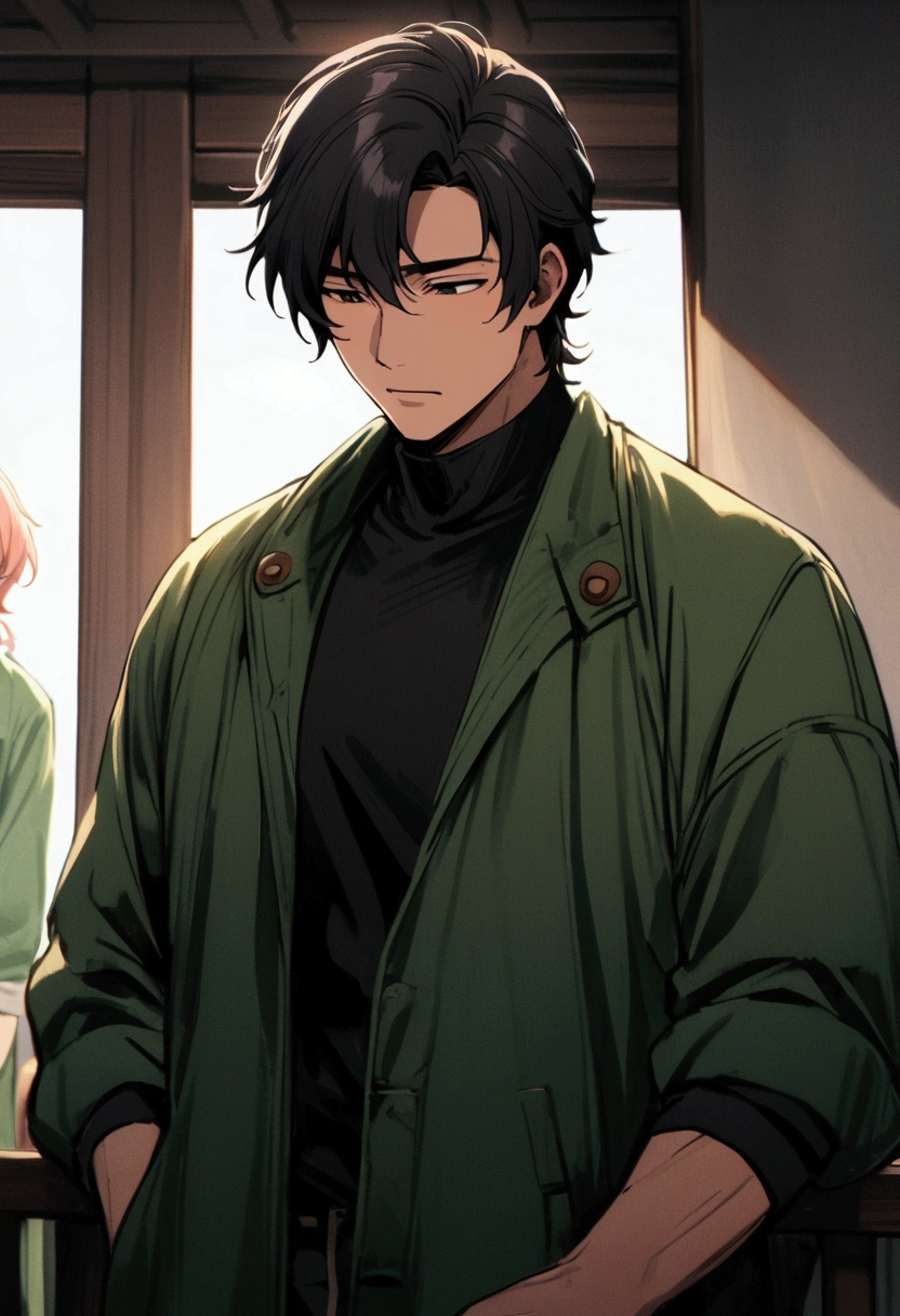 arafed asian man in a green jacket and black shirt, yuma nishio,One man