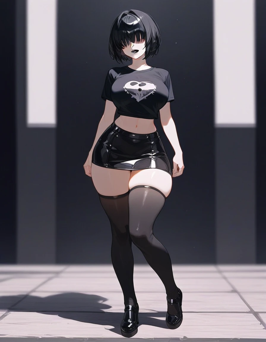1girl,goth, fair skin, hair bangs covering her eyes, no eyes showing, black lipstick, short bob hairstyle, large breasts,slim waist, massive thighs, thick thighs, wide hips, wearing a small tight black t shirt, black panties, barefoot, small feet, nail polish, white background , entire body showing, standing in an empty white room