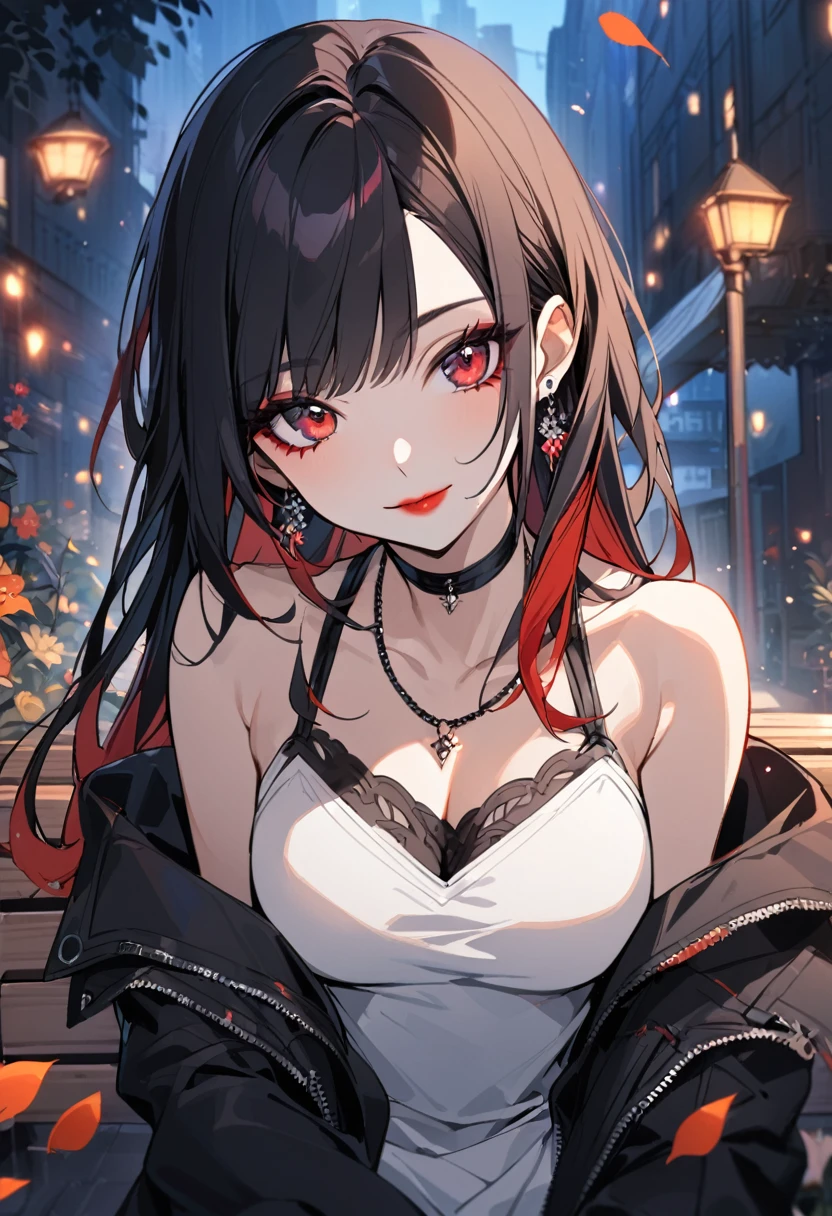 1 girl、Mature、Ample breasts、Long Hair、Black Hair、Straight Hair、Strong Woman、Red Lip、Black Dress、Shoulder Bare、Mini length、corset、City、Night view、Sit in a plush chair、A confident smile、High resolution、Highest quality