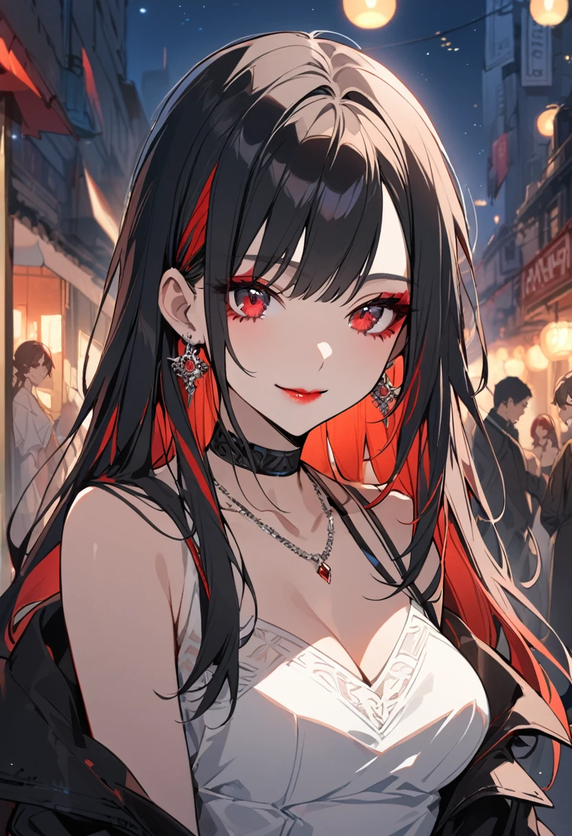 1girl, alone,, alone, long hair, breasts, looking at viewer, smile, bangs, shirt, black hair, red eyes, cleavage, bare shoulders, jewelry, medium breasts, closed mouth, jacket, white shirt, upper body, hair redhead, multicolored hair, earrings, outdoors, sleeveless, solo focus, choker, necklace, off the shoulder, white dress, two-tone hair, black jacket, makeup, night, black choker, red lips, outdoors sitting on bench,Various flowers,