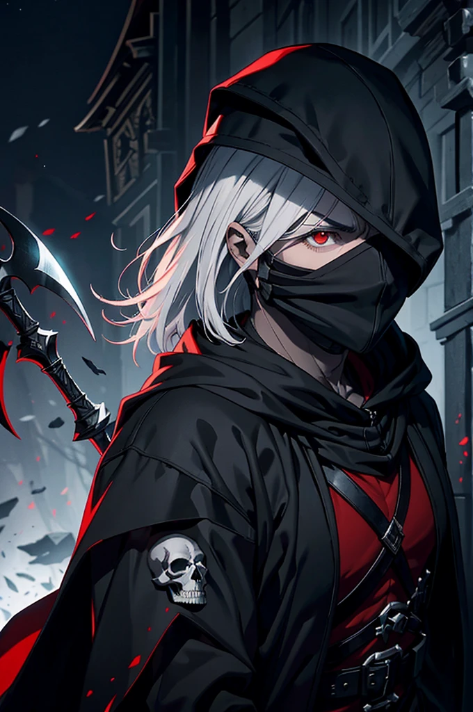 An assassin, male, fantasy character, physically strong, wearing a skull mask covering his face and eyes, dressed in black medieval attire, with a white hooded cloak over it, gray hair, short hair, red eyes, holding a dagger, nighttime background.