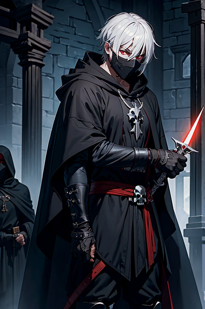 An assassin, male, fantasy character, physically strong, wearing a skull mask covering his face and eyes, dressed in black medieval attire, with a white hooded cloak over it, gray hair, short hair, red eyes, holding a dagger, nighttime background.