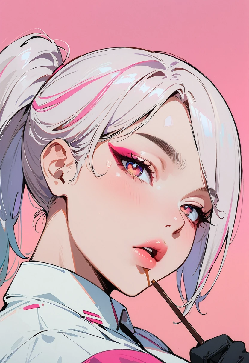 (masterpiece, highres, detailed),upper body,1girl,pink eyes,short hair,white hair,curly hair,goth makeup,<lora:Septumv304:0.7>,nose ring,pink lips,