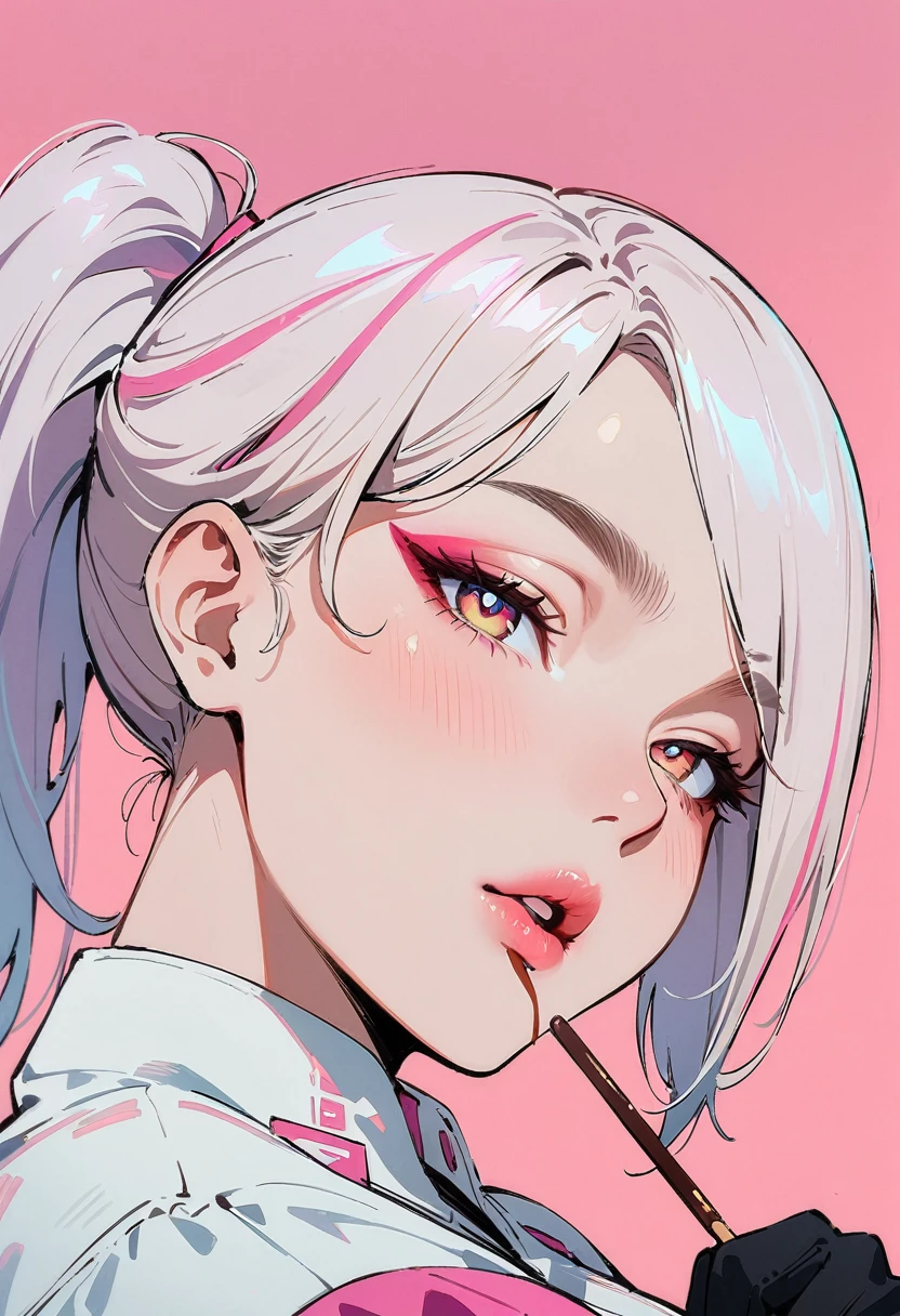 (masterpiece, best quality:1.4), 1 girl, 独奏, Anime style, Pink pupils, Blurred eyes, Holding pocky, Pink lower lip, Cyberpunk style makeup, Silver asymmetrical hairstyle, Long bangs on one side, High ponytail royal sister, sideways, Huge breasts, shirt, Pink background.