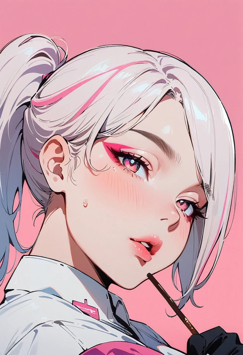 (masterpiece, best quality:1.4), 1 girl, 独奏, Anime style, Pink pupils, Blurred eyes, Holding pocky, Pink lower lip, Cyberpunk style makeup, Silver asymmetrical hairstyle, Long bangs on one side, High ponytail royal sister, sideways, Huge , shirt, Pink background.
