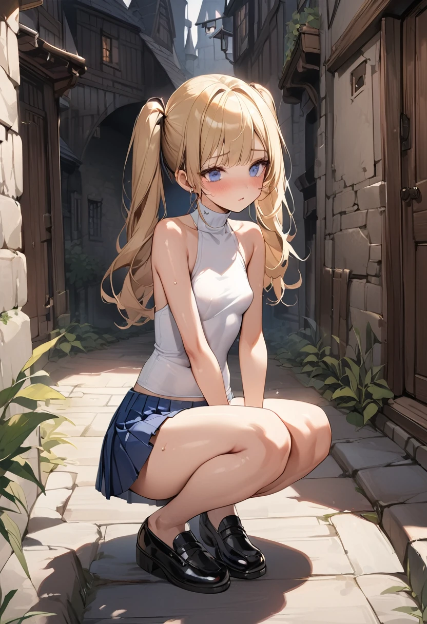 ((masterpiece,Highest quality:1.3,best quality illustration)),realistic,cowboy shot,(Mature Beauty),独奏,1woman,((very small head:1.4)),((ideal ratio body proportions:1.3)),blonde hair,twin tails,straight long hair,bangs,gorgeous eyes,Blue eyes,shy,(white knitwear、turtleneck,No sleeve,navel、Blue pleated mini skirt),((slender body,skinny)),small breasts,gleaming skin,shiny skin,sweat,Back Alley、castle town、Medieval Europe,