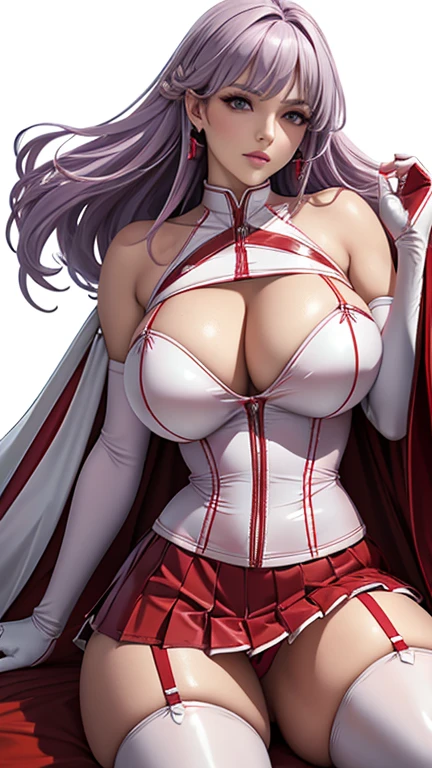 red eyes, (highest quality, masterpiece painting:1.3), immature woman, , (half body shot), masterpiece, ultra high resolution, (Photoreal:1.0), ((light purple hair)),straight hair, beautiful shining hair, white and shining skin, ((Ultra realistic details)), octane rendering, highly detailed face, (big breasts:0.8), bare shoulder,  light red pvc outfit, (light red pvc serafuku:1.3), (light red pvc pleated skirt), light red pvc elbow gloves, light red pvc thigh boots, (garter straps:1.2), Fabric Glows,  open neckline, cleavage, perfect body, soft skin, silver earrings, (pure white background:1.4), sharp focus, intricate details, professional artwork, (bright colors:1.1), bright colors, diffused lighting, digital blending, ultra-definition body, ultra detail hair, super detailed face, that&#39;It&#39;s trending on pixiv, top button open, Cute gaze, compensate, perfect lips, perfect compensate, Ultra-precision coating, (light_smile:0.8), (smugness:1.2),blush your nose,