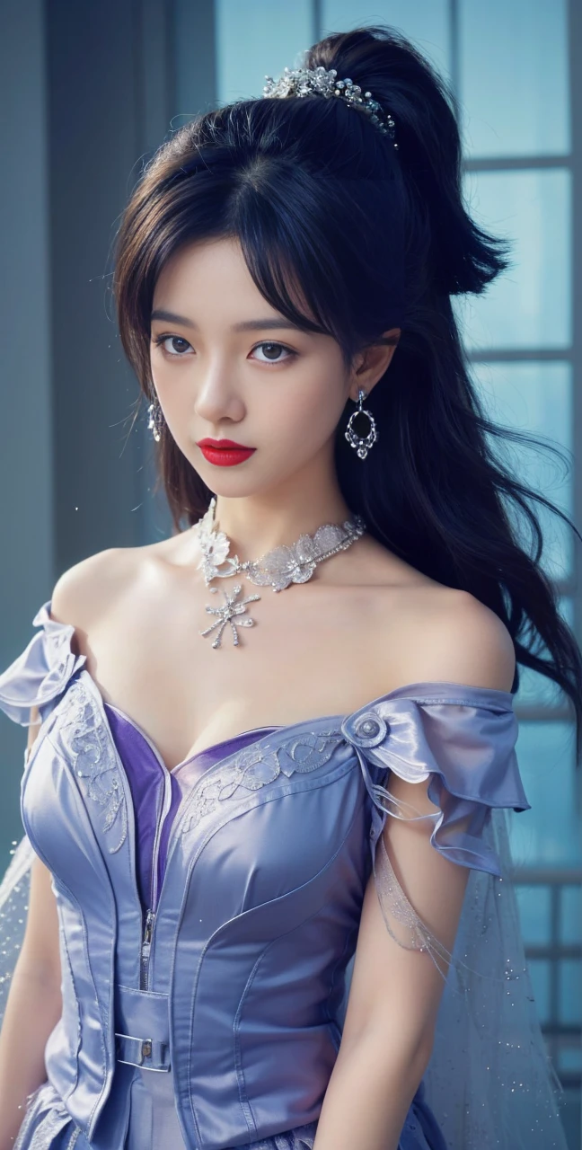 best quality, tmasterpiece,Ultra-high resolution,Clear face,(Reality:1.4),ferpect lighting,(upper body shot), (photorealistic:1.50), anime wallpaper, Guviz style artwork, cover-up fantasy up to magic , by Yang J, Guviz, beautiful artwork illustration, beautiful digital artwork, beautiful digital illustration, Li Song, beautiful anime portrait, art style in Beauvot, Lips wear thick red lipstick,